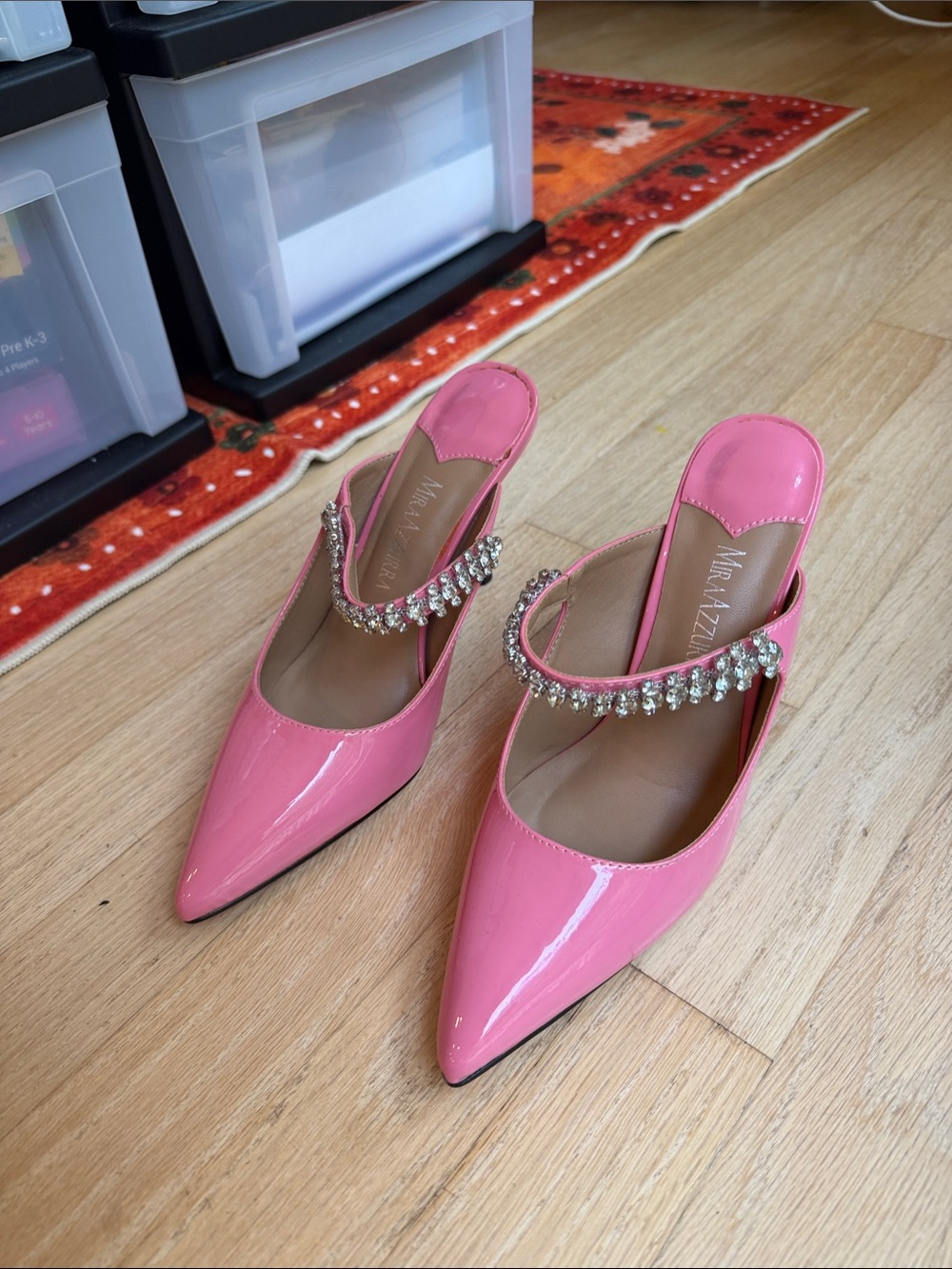 Embellished Pink Patent Pointed Toe Mules - Picture 2 of 6